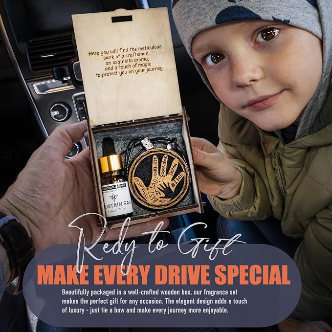 Handmade Wood Car Air Freshener — Father’s Hands Designed Refillable Essential Oil Diffuser — Long Lasting Mountain Rain Fragrance Oil 10 ml — Car Accessories Gift Box