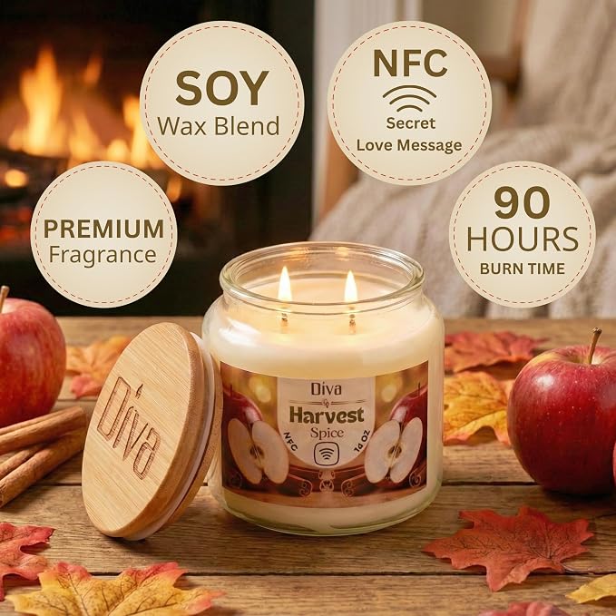 DV DIVA Apple Cinnamon Scented Soy Wax Candle Gift 14oz Anniversary, Valentine & Birthday Gift Luxury Large Candle with Hidden NFC Love Message Soft Fragrance for Home Decor & Relaxing Ambiance