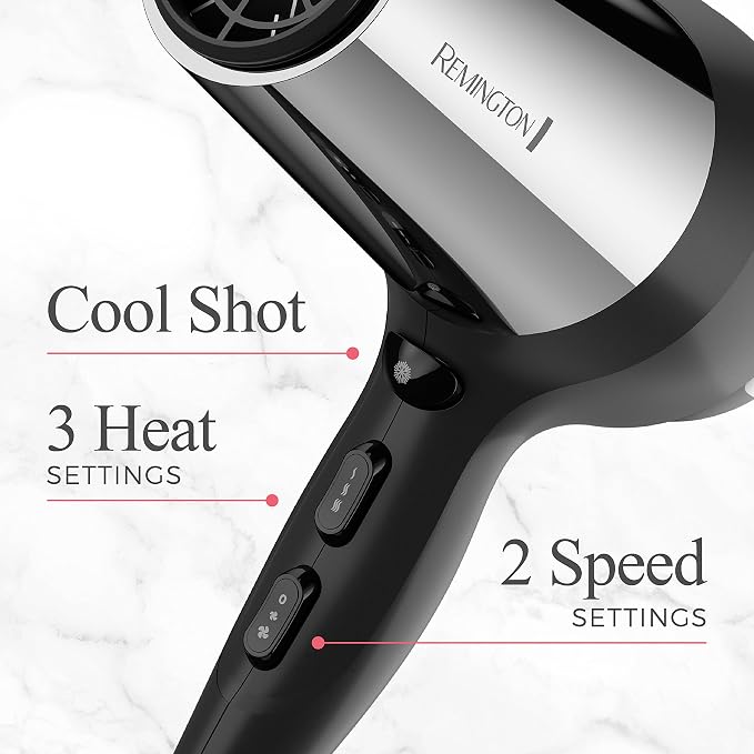 Remington Impact Resistant Hair Dryer, 1875-Watt Blow Dryer with Tourmaline, Titanium & Ceramic Technology, 3 Heat, 2 Speed Settings, Cool Shot, Diffuser & Concentrator Attachments