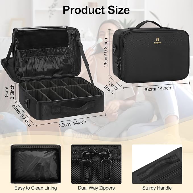 Relavel Travel Makeup Train Case Cosmetic Case Organizer Portable Artist Storage Bag with Adjustable Dividers for Cosmetics Makeup Brushes Toiletry Jewelry Digital Accessories