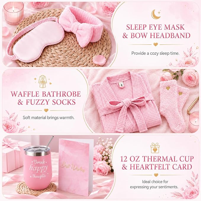 gisgfim 14Pcs Birthday Gifts for Women Spa Gift Basket Set Relaxing Home Products Self Care Kit Includes Mirror Socks Steamers Bath Robe for Women Mother's Day Her Friend Sister Wife Grandma (Pink)