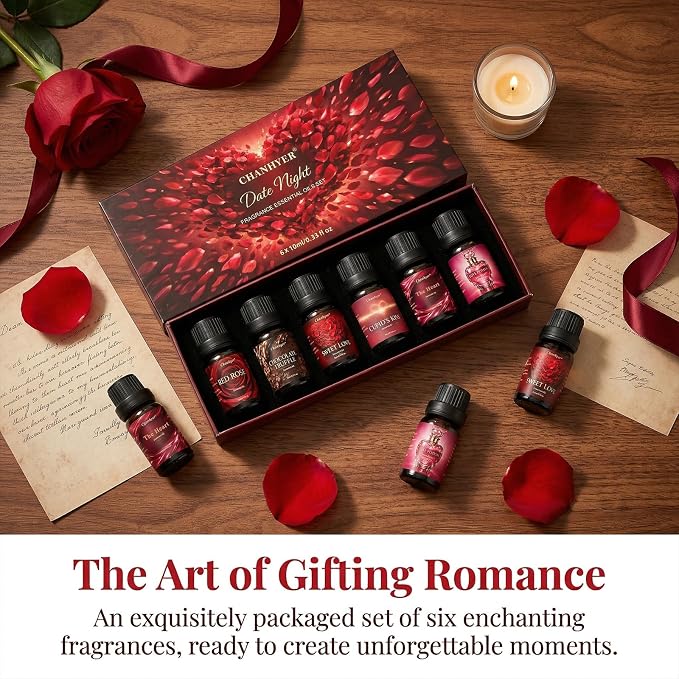 Premium Fragrance Oil Set for a Date Night 6x10ml-Red Rose,Chocolate Truffle,Sweet Love,Love Potion,Cupid's Kiss,The Heart-for Diffusers,Candle&Soap Making,&Aromatherapy