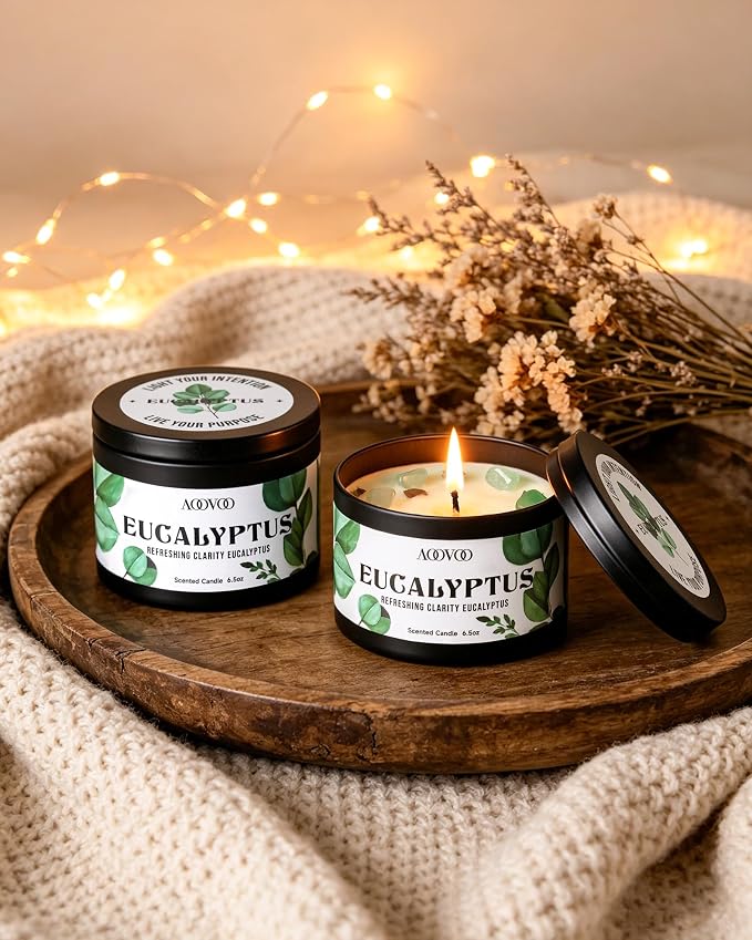 AOOVOO 2 Pack Eucalyptus Mint Candles – Aromatherapy Candle with Crystals & Eucalyptus Leaves, 13oz 100 Hours Long Lasting, Non Toxic Soy Candle for Home Spa Relaxation Meditation Yoga