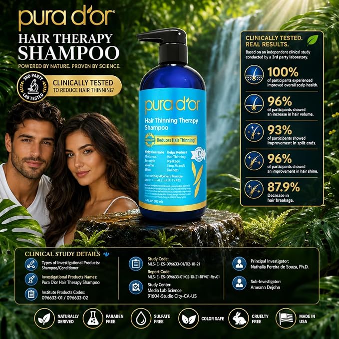 PURA D'OR Hair Thinning Therapy Biotin Shampoo - CLINICALLY TESTED Effective Results, Herbal Blend Hair Thickening Products For Women & Men, Color Safe Routine Shampoo, Herbal Scent 16 Fl Oz
