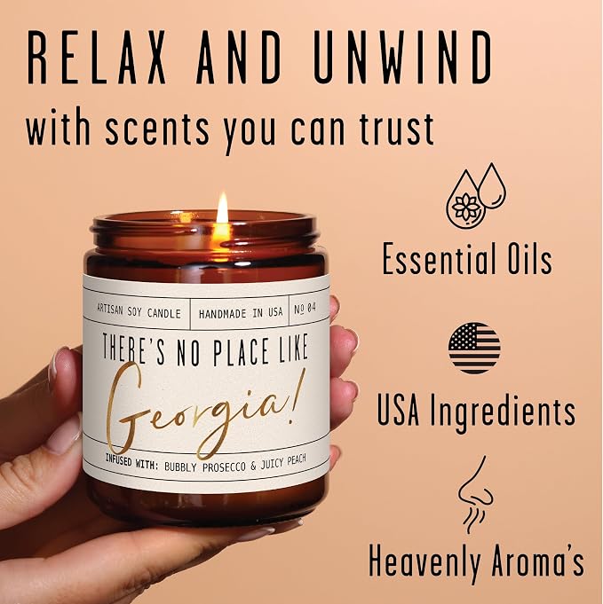 Georgia Gifts, Georgia Decor for Home - 'There's No Place Like Georgia Candle, w/Bubbly Prosecco & Juicy Peach I Georgia Souvenirs I Georgia State Gifts I 9oz Jar, 50Hr Burn, USA Made