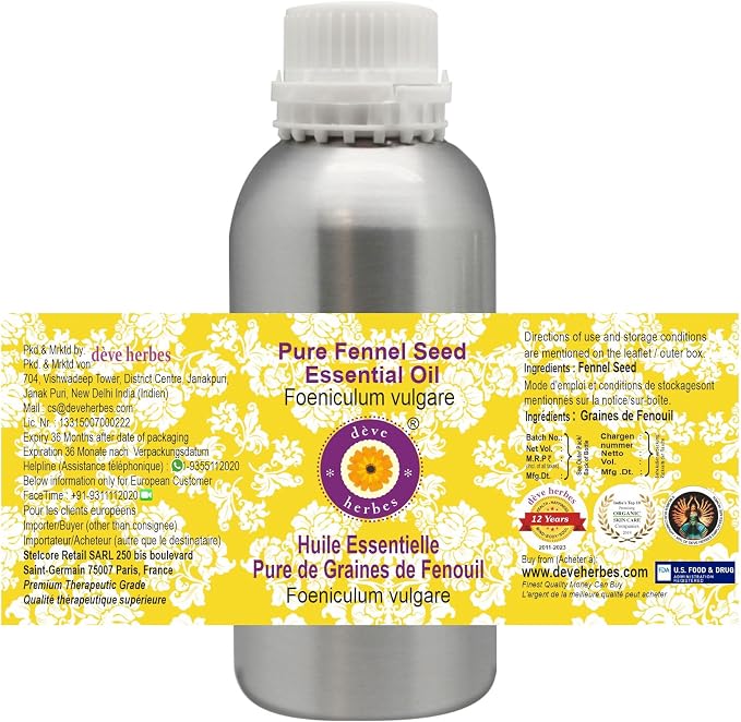 Deve Herbes Pure Fennel Seed Essential Oil (Foeniculum vulgare) Steam Distilled 300ml (10 oz)