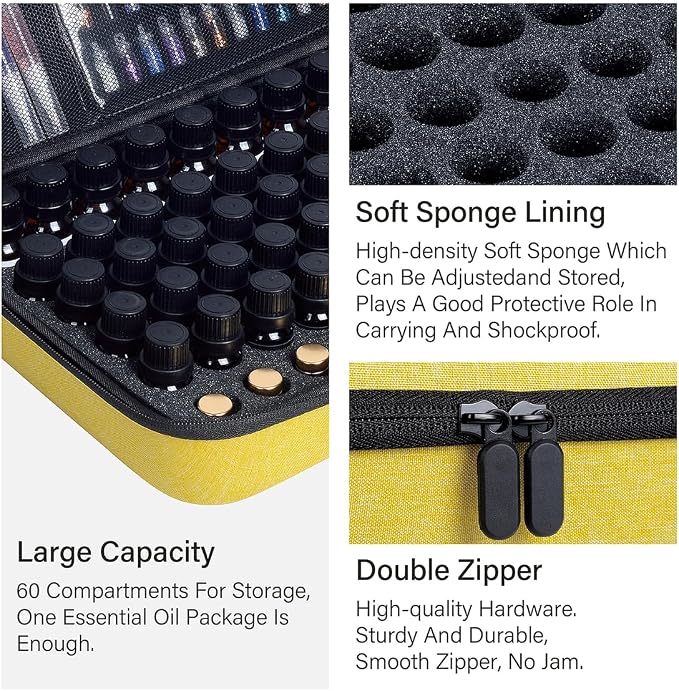 Essential Oils Carrying Case Holds 60 Bottles with Detachable Pad,Yellow