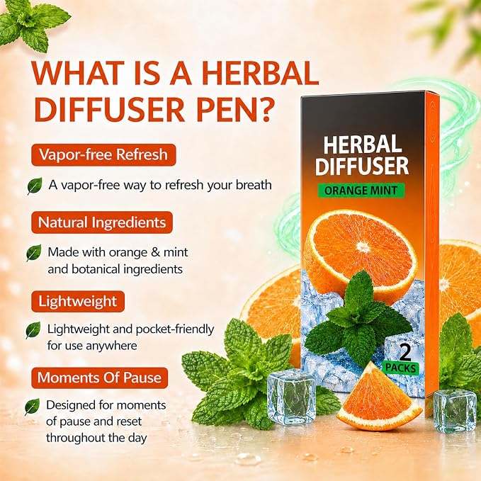 Herbal Diffuser Pen 2 Pack, Natural Mint & Orange Aroma Stick, Nicotine-Free Vaporless Fresh Scent Stick, Portable Non-Electric Herbal Diffuser for Desk, Travel, Home