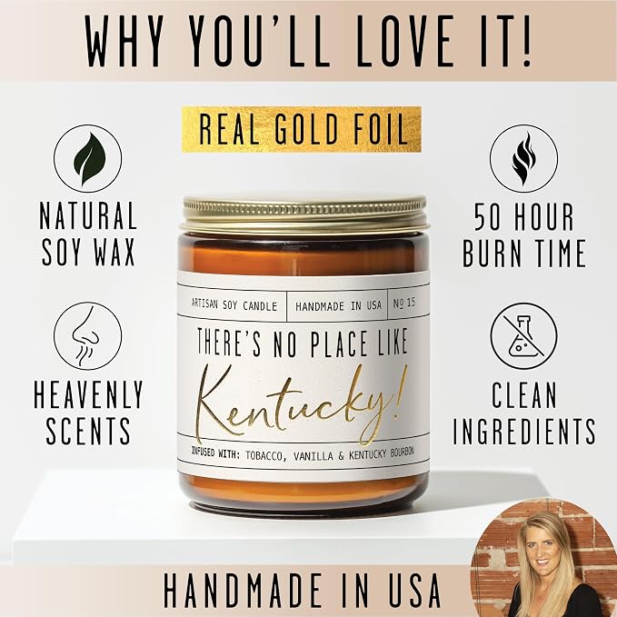 Kentucky Gifts, Kentucky Decor for Home - 'There's No Place Like Kentucky Candle, w/Tobacco, Vanilla & Kentucky Bourbon I Kentucky Souvenirs I Kentucky State Gifts I 9oz Jar, 50Hr Burn, USA Made