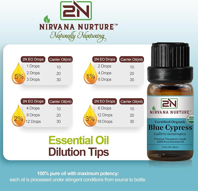 Blue Cypress Essential Oil, USDA Certified Organic, 100% Pure Undiluted, Aromatherapy Oil for Diffuser, Hair & Skin Care
