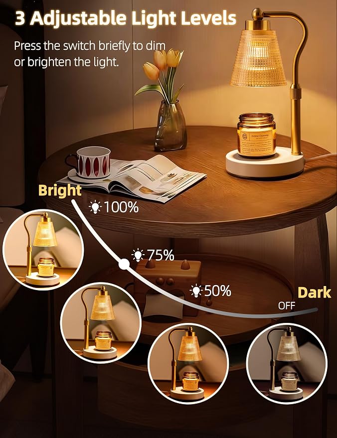 Candle Warmer Lamp for Jar Candles, Height Adjustable & Dimmable with 2/4/8H Timer, 2*50W Halogen Wax Melter Warmer for Home Office Décor, Flameless & Smokeless, Gift for Women Mom,Gold- Amber/1 Pack