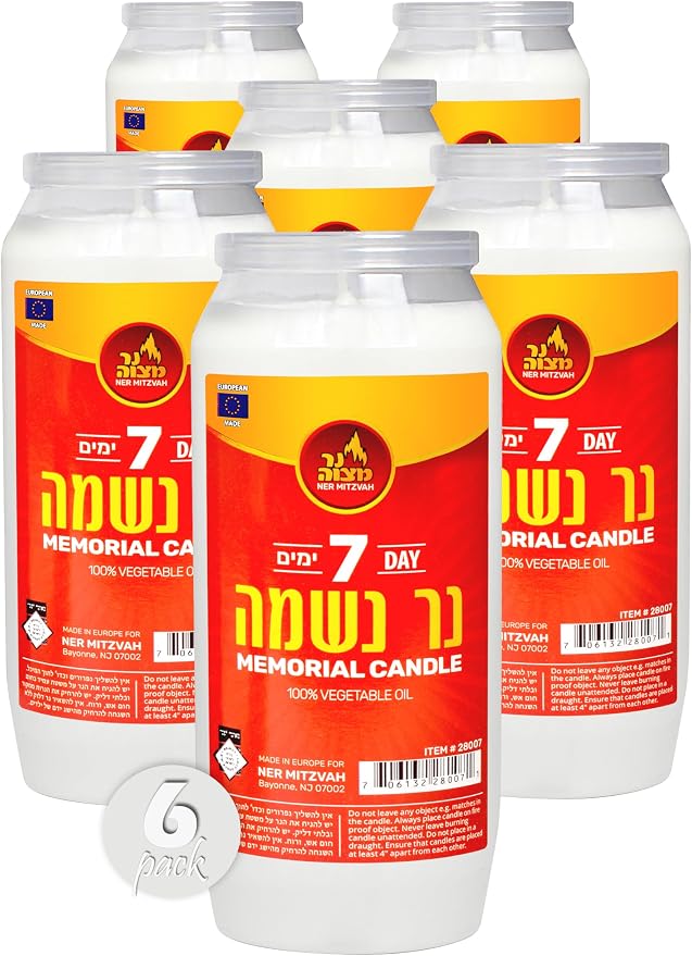 Ner Mitzvah 7 Day Yartzeit Candle - 6 Pack Kosher Yahrtzeit Memorial and Yom Kippur Candle in Plastic Holder