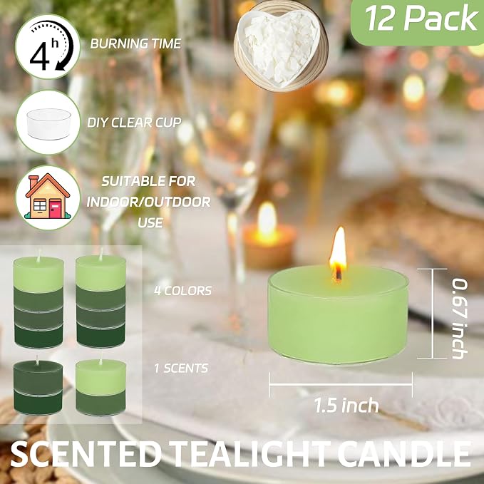 Scented Tea Light Candles 12 Pack Gradient Green Hand Poured Smokeless Small Round Candles in Clear Cups for Romantic Dinners Wedding Centerpieces Cozy Evenings