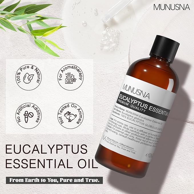 Eucalyptus Essential Oil, Premium Grade Pure Eucalyptus Oils 100ML, 100% Natural Aromatherapy Essential Oil for Shower, Skin, Diffuser, Massage, Candle, Soap, Bath Bombs Making