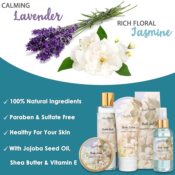 Aqua Elegante Spa Gift Basket - Luxury Bath Set with Body Wash, Bubble Bath, Lotion, Salts, Scrub, Spray, Shower Puff, Towel, Gifts for Women, Mom, Wife, Her - Jasmine & Lavender