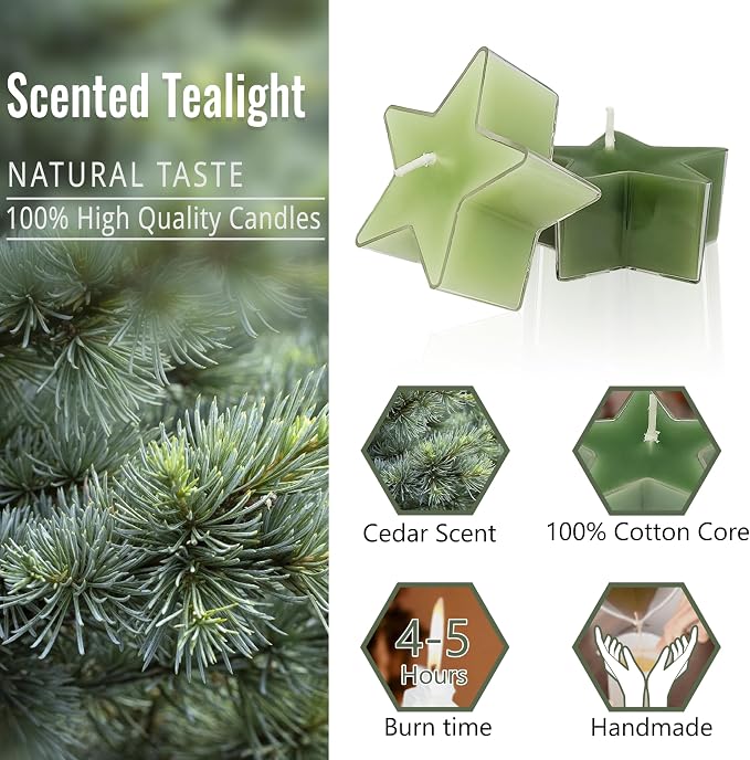 Tea Lights Gradation Green Star Tea Candles Set of 12 – Tealight Candles with Cedar Scent, Long Burning Handmade Tealights for Wedding Meditation Home Decor Gift