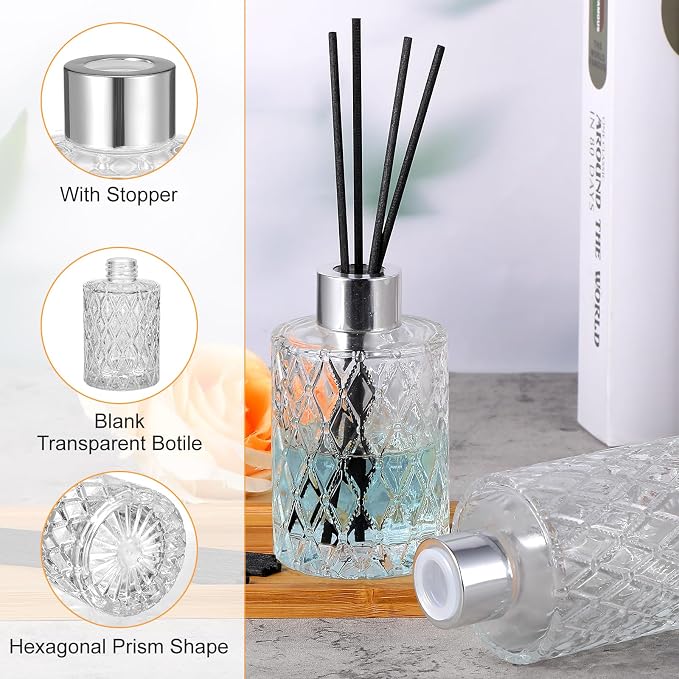 4 Set Empty Reed Diffuser Bottle Set with Stick, 150ml Refillable Patterned Glass Vase with Black Rattan Reed & Cap for DIY Essential Oil, Home Fragrance, Bulk,Silver