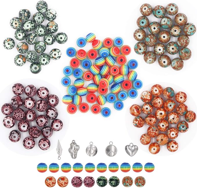 EuTengHao 702Pcs Lava Beads Stone Rock Beads Rainbow Striped Beads Kit with Chakra Beads Cloisonne Beads Spacer Beads Bracelet String Cord for Diffuser Essential Oils Adult Jewelry Making Supplies