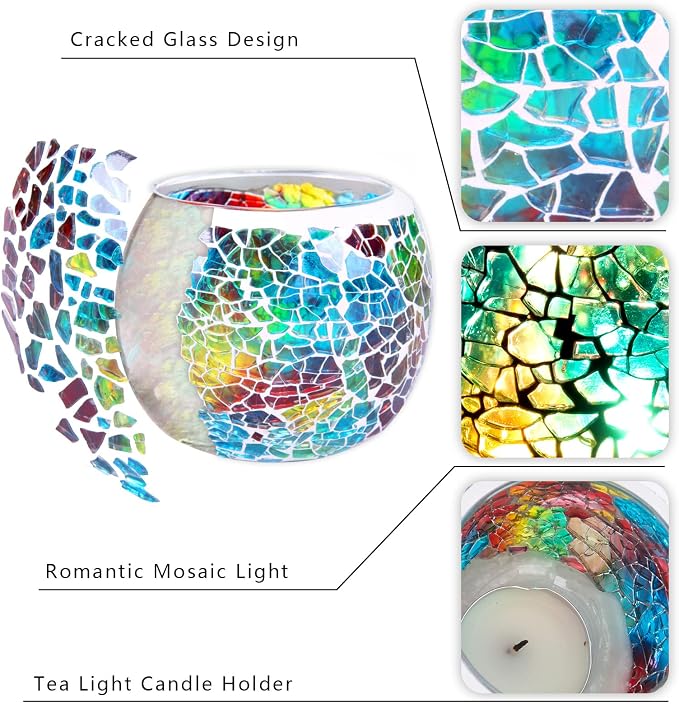 Scented Candle Holder Mosaic Glass Tea Light Holder,Handmade Romantic Glass Tealight Candle Holder for Aromatherapy,Party Décor(NO Candles),Also Used as Vase,Pen Holder,Potted Plants Bowl (Rainbow)