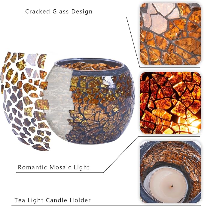 Rancco Glass Votive Candle Holder for Tealight, 6 Set Romantic Stained Mosaic Tealight Candle Holders, Handmade Cracked Aromatherapy Candle Lamp for Valentine, Party, Christmas Table Centerpiece Decor