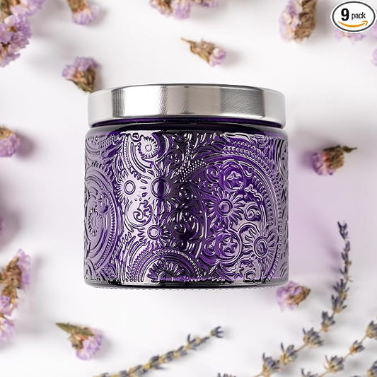 10 oz Purple Sun Moon Stars Candle Jars with Metal Lids, 9 Pack | Patented Embossed Design, Includes Wick Centering Devices & Warning Labels, Multiple Color Options