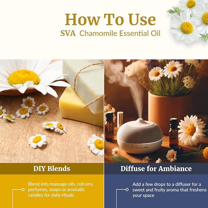 SVA Chamomile Essential Oil – 1/3 Fl Oz – 100% Natural Chamomile Oil - for Diffuser, Hair Care, Face, Skin Care, Aromatherapy, Scalp and Body Massage, Soap and Candle Making