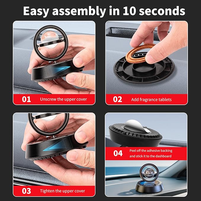 Kwak’s Solar-Powered Rotating Car Aromatherapy Auto-Spinning Ornament with Refillable Scent Pad, Subtle Ocean Fragrance, Ideal Gift for Men Women Dad Husband for Dashboard (Red-1)
