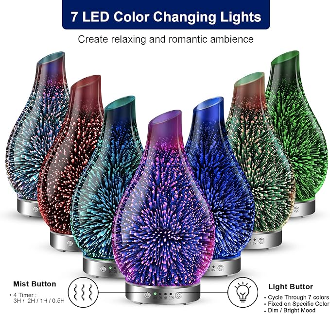 MAXWINER Essential Oil Diffusers Ultrasonic 3D Glass Aromatherapy Diffuser, Auto Shut-Off, Timer Setting, 7 Colors LED Lights Changing for Home, Office, Spa 120ml