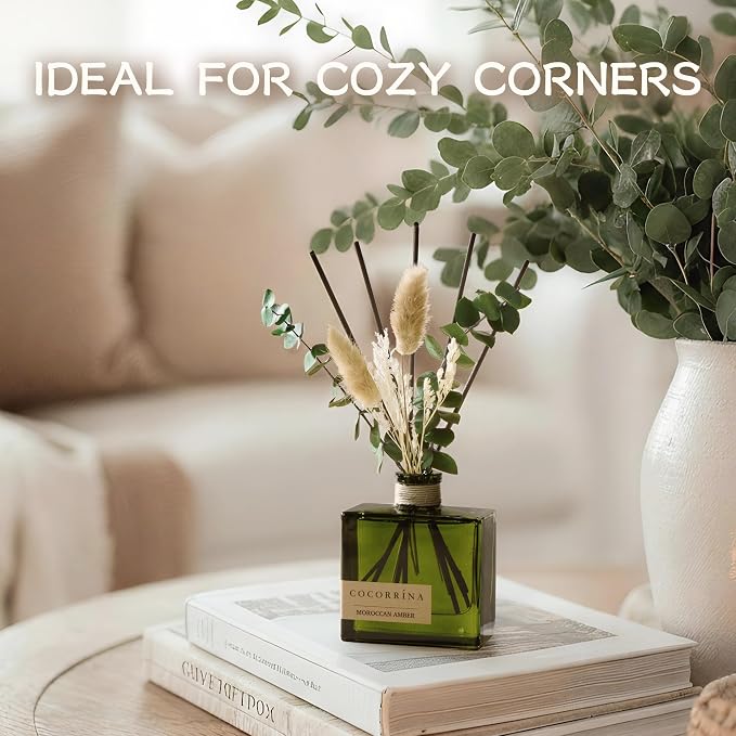 COCORRÍNA Reed Diffuser, 6.76 oz Moroccan Amber Scent Reed Diffuser with 6 Sticks & Dried Flowers, Long Lasting Elegant Fragrance Home Décor for Bathroom Bedroom Office