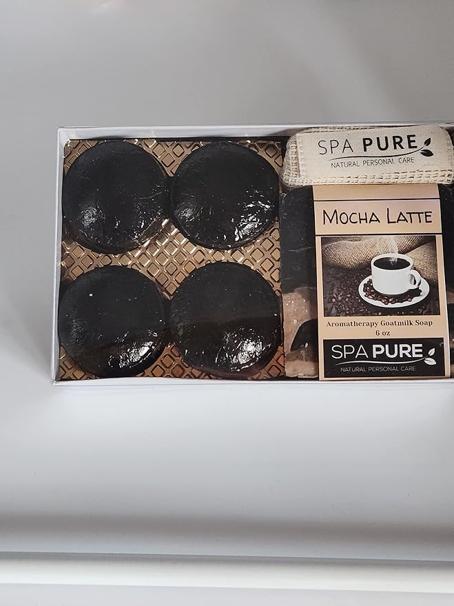 Spa Pure Aromatherapy Gift Set: Mocha Latte Artisan soap, 4 Bath Melts, Made in USA with Plant Based Ingredients, Essential Oils, All Natural, Cotton Soap Bag