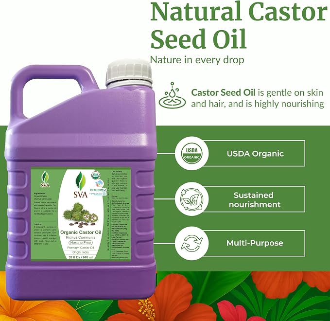 SVA Castor Seed Oil Organic - 32 Fl Oz – 100% Natural Cold Pressed Organic Castor Oil - for Face, Skin Care, Hair Care, Scalp Massage & Body Massage