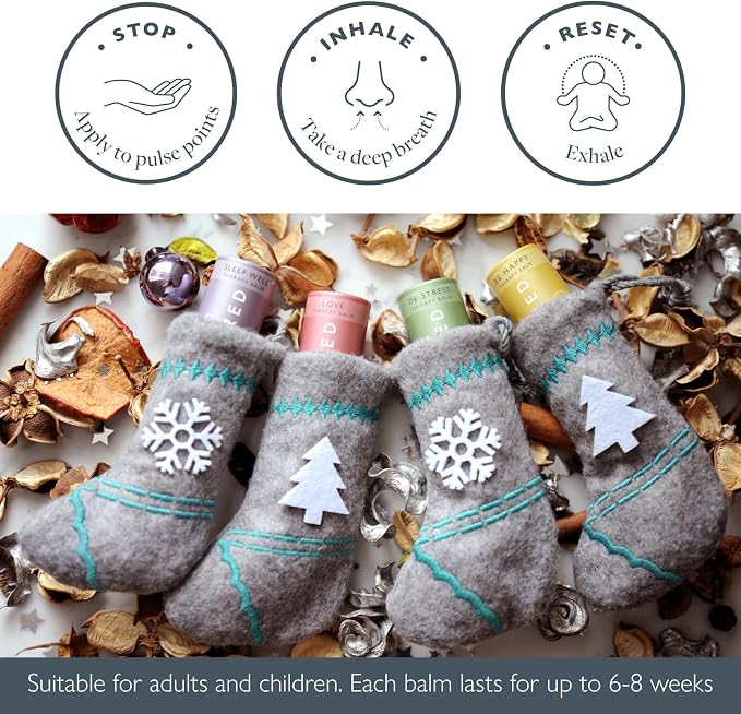 Scentered Aromatherapy Balms Christmas Stocking Gift Set (Set of 4) - Essential Oils Roll On Balms for Sleep, Stress Relief, Emotional Wellbeing & Positivity - Self-Care Stocking Stuffers for Women