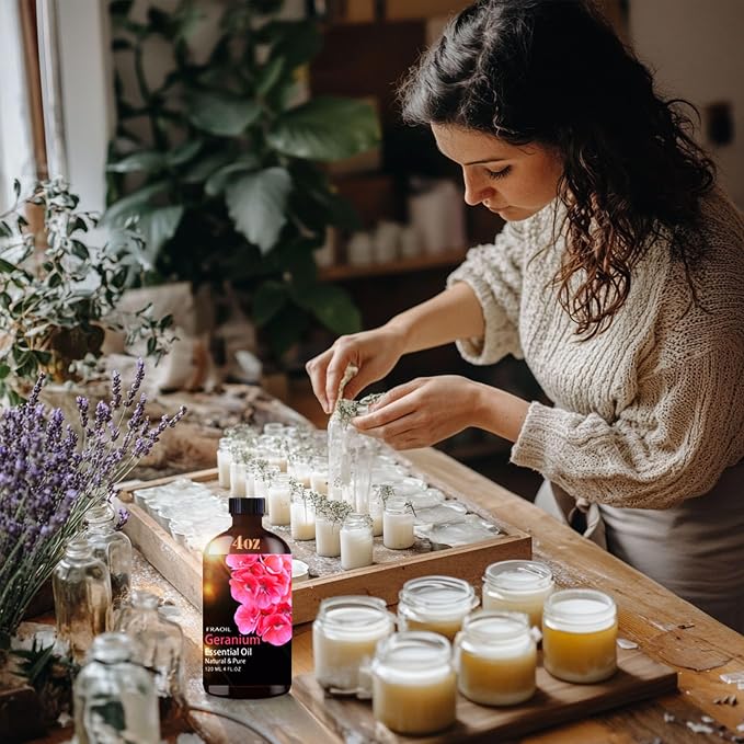 Geranium Essential Oil, Geranium Oil 4 Fl Oz 120ML for Diffuser Humidifier Yoga Cleaning DIY Candle Soap Making Perfume Gift for Women Essential Oils FRAOIL (Geranium 4 Fl Oz (Pack of 1))