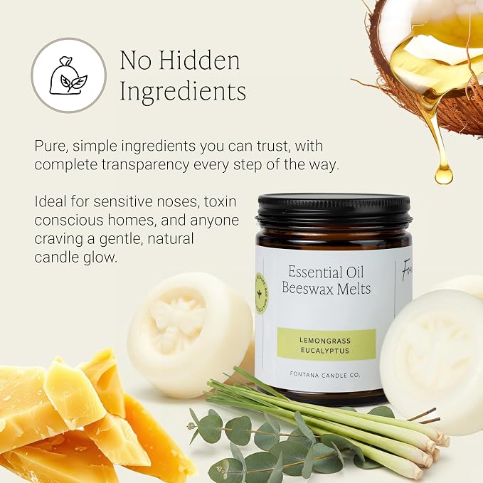Fontana Candle Co. Non-Toxic Wax Melts, Lemon Grass Eucalyptus – Flameless, Gentle-Scented Wax Melts Safe for Sensitive Users – Made with Beeswax, Coconut & Pure Essential Oil, 3 Pucks for Any Warmers