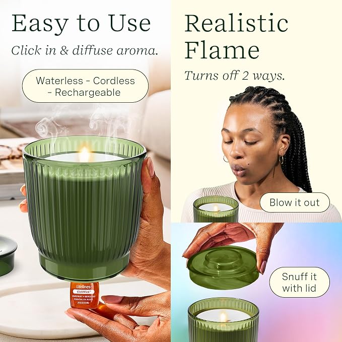 Lifelines Flameless Candle Aromatherapy Essential Oil Diffuser with 2 ClickWick Essential Oil Blends - Cordless & Waterless Diffuser for Home - Scented Electric Candles Blow Out Flame - Olive Jar