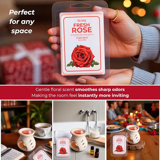 TRUMIRI Fresh Rose Scented Wax Melts - Made with Non Toxic Soy Wax and Essential Oils - Long Lasting Strong Scent Pet Safe Floral Candle Wax Cubes Tarts for Warmers Pack of 4