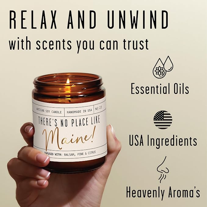 Maine Gifts, Maine Decor for Home - 'There's No Place Like Maine Candle, w/Balsam, Pine & Citrus I Maine Souvenirs I Maine State Gifts I 9oz Jar, 50Hr Burn, USA Made