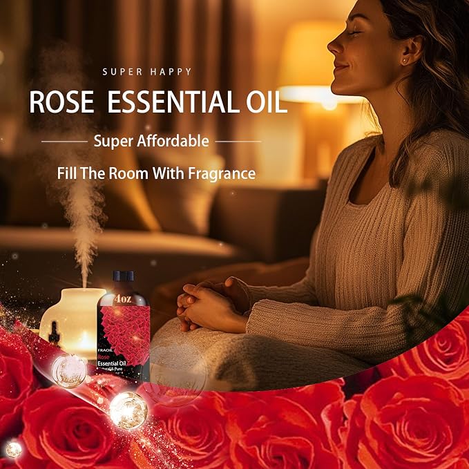 Rose Essential Oil, Rose Oil 4 Fl Oz 120ML for Diffuser Humidifier Yoga Cleaning DIY Candle Soap Making Valentine's Day Gift Essential Oils FRAOIL (Rose 4 Fl Oz (Pack of 1))