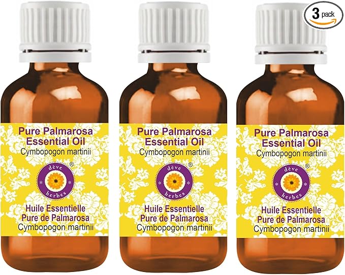 Deve Herbes Pure Palmarosa Essential Oil (Cymbopogon martinii) Steam Distilled (Pack of Three) 100ml X 3 (10 oz)