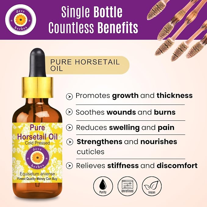 Deve Herbes Horsetail Oil (Equisetum arvense) with Glass Dropper | Cold Pressed | Pure | for Diluting Essential Oils | Hair, Skin & Massage | Non-Sticky | Lightweight | Unisex | 10ml (0.33 oz)