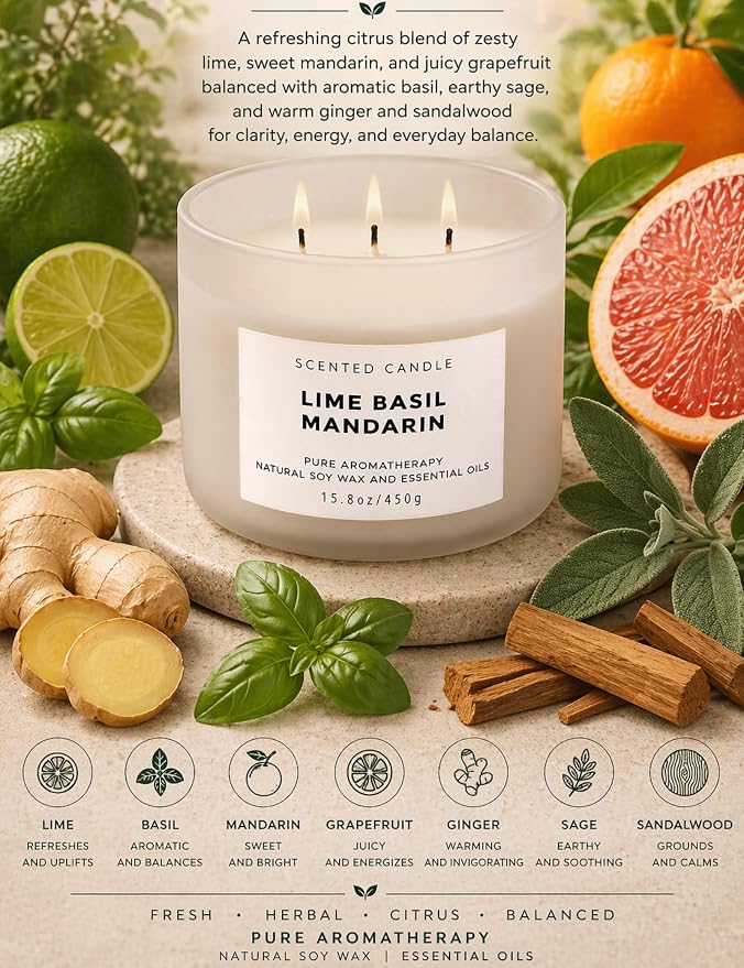 Lime Basil Mandarin 3-Wick Soy Candle | 15.8 oz Large Scented Candle for Home | Clean Burn Long Lasting | Fresh Herbal Citrus Scent | Gift Ready