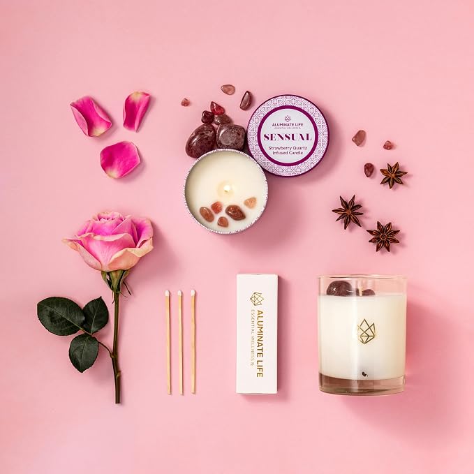 Luxury Candle Tin, 6 OZ, Sensual - Strawberry Quartz Crystal Infused - Scents of Star Anise, Rose, Sichuan Pepper & White Musk - Coconut Wax, Essential Oils, Dr. Developed