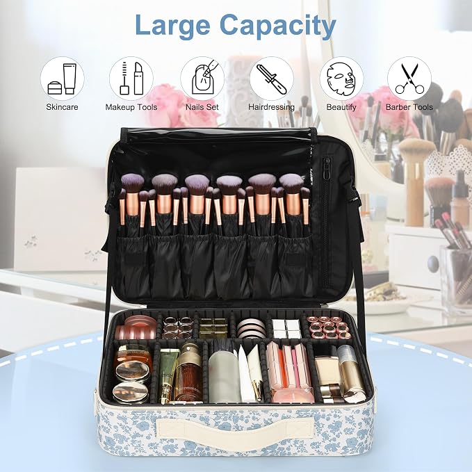 Relavel Large Makeup Bag, Floral Cosmetic Bag for Women, Professional Travel Train Case Portable Makeup Artist Bag Make Up Storage Organizer Box with Adjustable Dividers and Makeup Brush Compartment