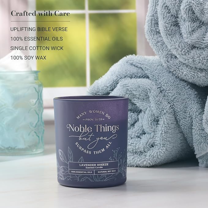 Christian Art Gifts Soy Wax Scented Candle: Lavender Breeze, Proverbs 31:29 Bible Verse, Pure Essential Oils, 4.5 oz, Up to 20 Hours Burn Time, Glass Jar w/Bamboo Lid, Encouragement Gift for Women