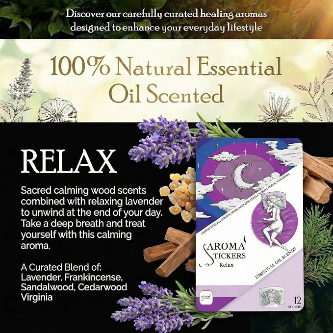 AROMA STICKERS® Original Blend Relax Edition - 100% Natural Essential Oil Scented - Diffuser Stickers for Personal Space - Lavender/Relaxing $ Sleeping (Pack of 3, Total of 36 Stickers)
