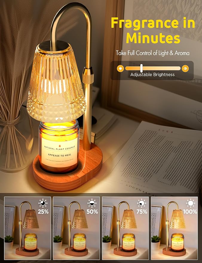 Candle Warmer Lamp with Timer, Dimmable Candle Lamp Warmer, Height Adjustable, Birthday Gifts for Women Mom, Vintage Home Decor for Scented Jar - Golden
