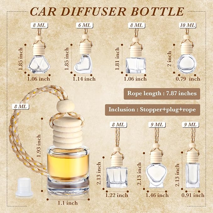 BBTO 120 Pcs Hanging Car Diffuser Bottles Empty Bulk, 8 Styles Empty Glass Air Freshener Bottles with Wooden Cap for Perfume Essential Oils Fragrance Aromatherapy Ornament