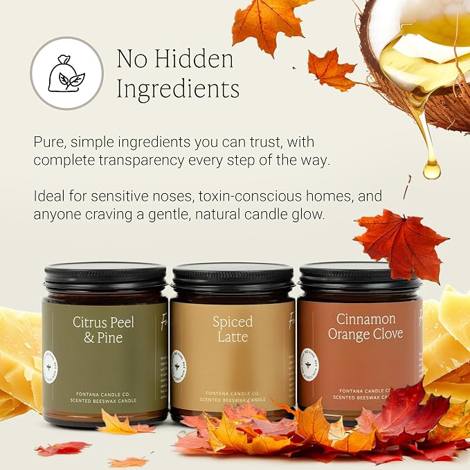 Fontana Candle Co Wood Wick Beeswax Jar Candle, Fall Candle Bundle – Made Safe with Coconut Oil & Pure Essential Oils – 35+ Hrs Clean Burn, Long Lasting and Non-Toxic Candles for Home & Room Decor