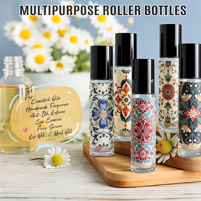 Roller Bottles for Essential Oils Roll On Bottles 5 Pack 10ml Clear with Natural Gemstones Oil Perfume DIY Kits Boho Stickers Rollerball Bottle Thick Glass Empty Leak-Proof Refillable for Travel, Gift
