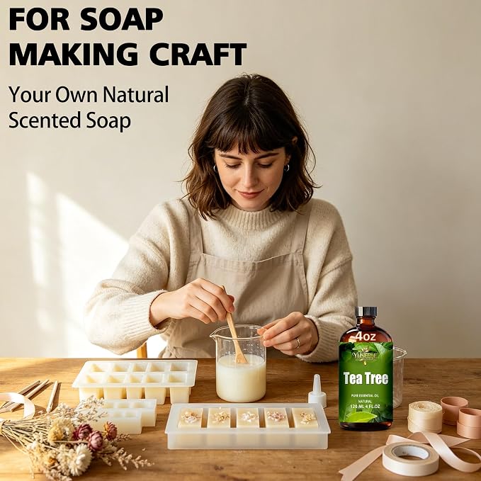 Tea Tree Essential Oil, Tea Tree Oil 4 Fl Oz 120ml for Diffuser Yoga Soap & Candle Making – with 0.33 Oz Roller Ball & Dropper YHSESSE Essential Oils